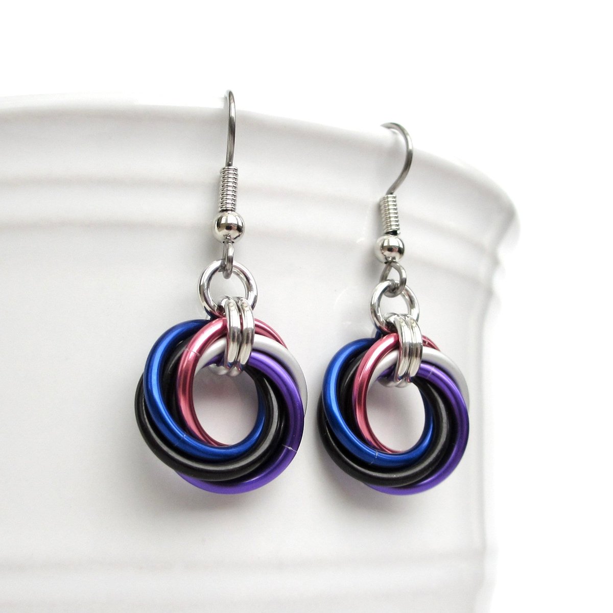 Genderfluid pride earrings, love knot chainmail jewelry; pink, white, purple, black, blue