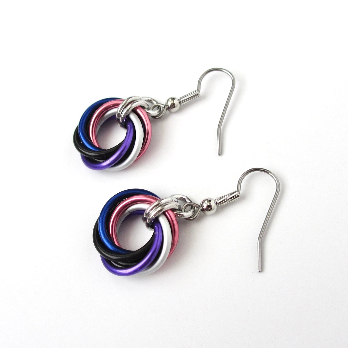 Genderfluid pride earrings, love knot chainmail jewelry; pink, white, purple, black, blue