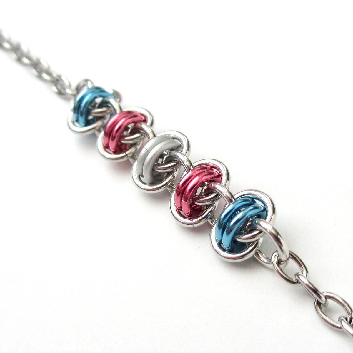 Transgender pride anklet, chainmail barrel weave, subtle trans flag jewelry gifts, anodized aluminum and stainless steel