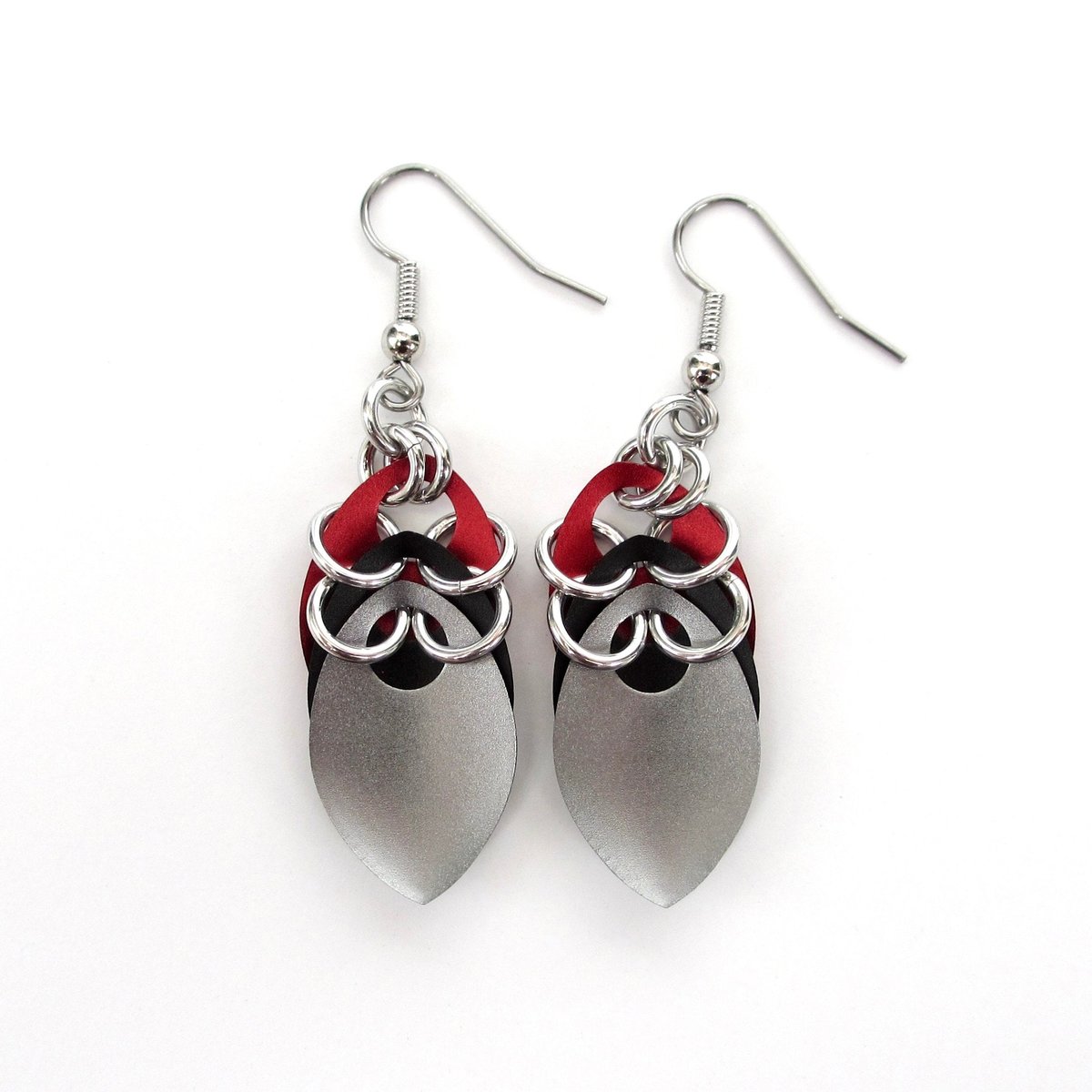 Red, black, and gray earrings, anodized aluminum chainmail dragon scales, team sport game day jewelry, team spirit accessories