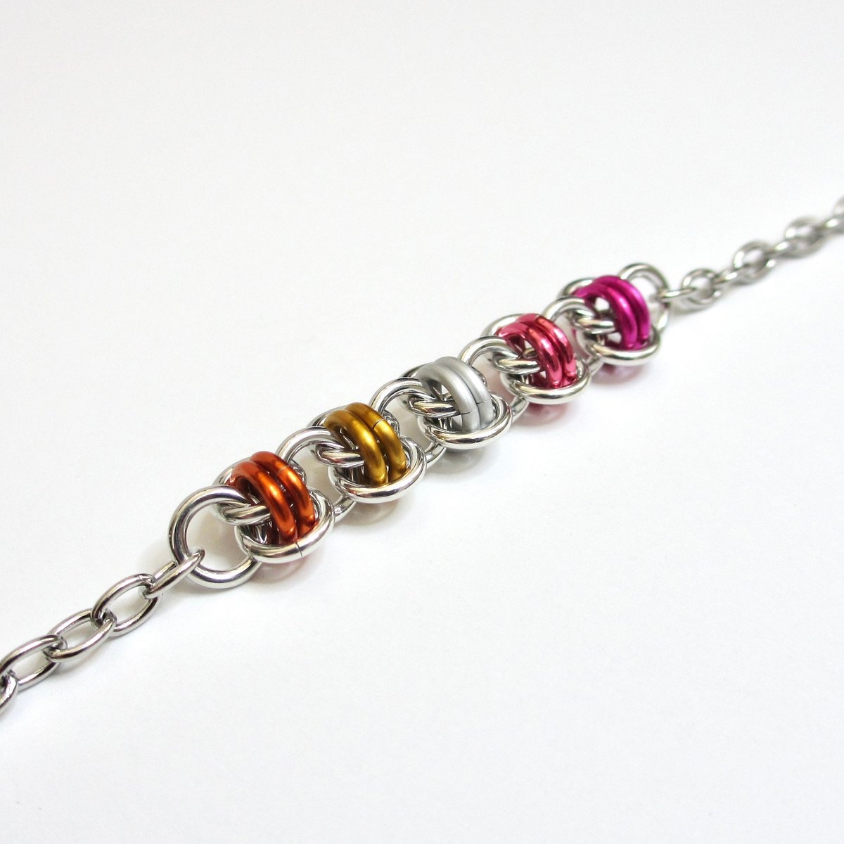 Lesbian pride anklet, chainmail barrel weave, LGBTQ sunset flag jewelry gifts, anodized aluminum and stainless steel