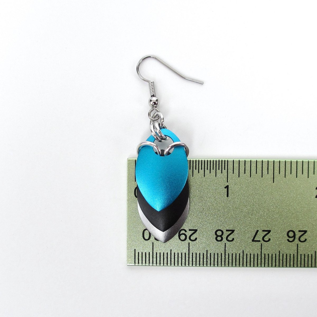 Turquoise, black, and gray earrings, anodized aluminum chainmail dragon scales, team sport game day jewelry, team spirit accessories