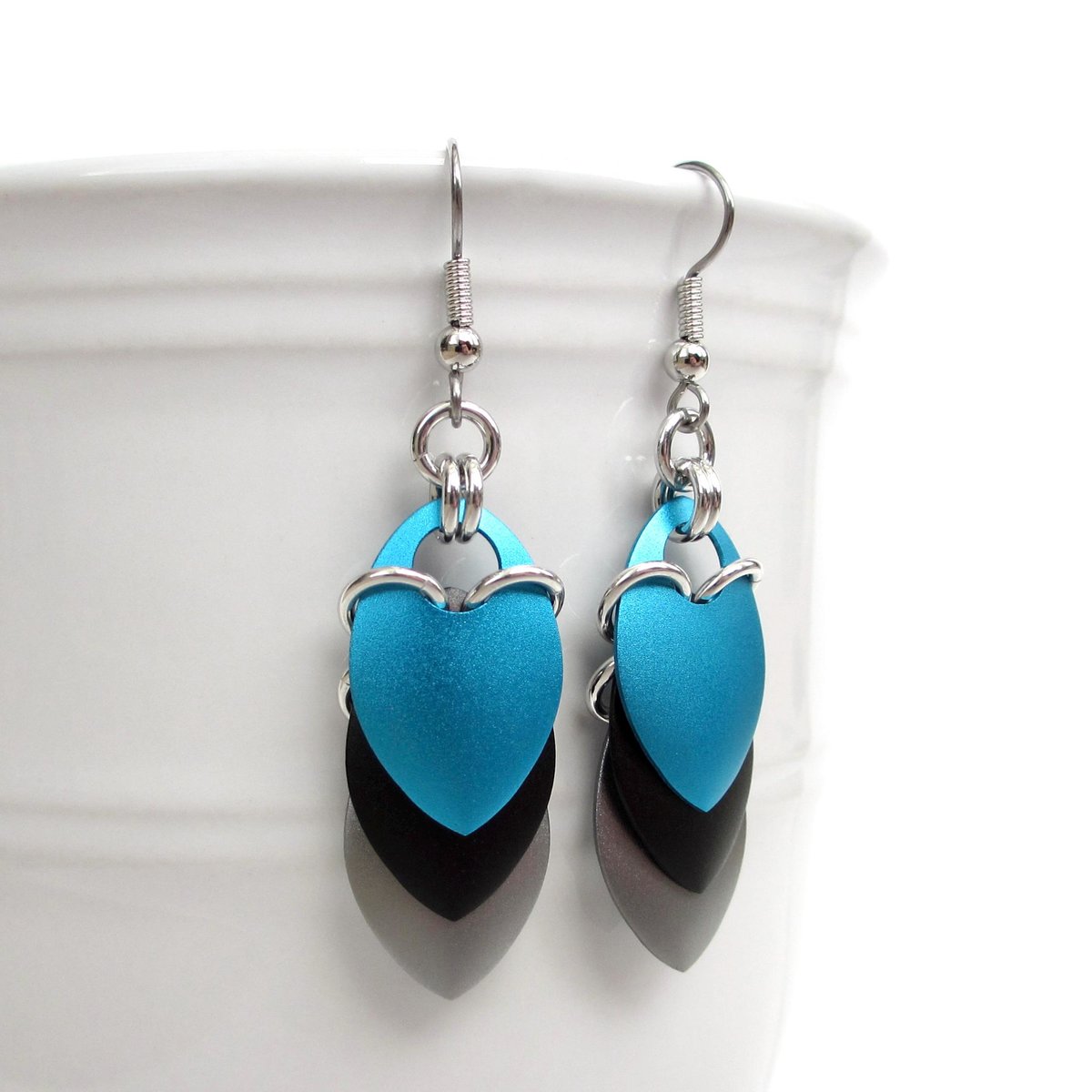 Turquoise, black, and gray earrings, anodized aluminum chainmail dragon scales, team sport game day jewelry, team spirit accessories