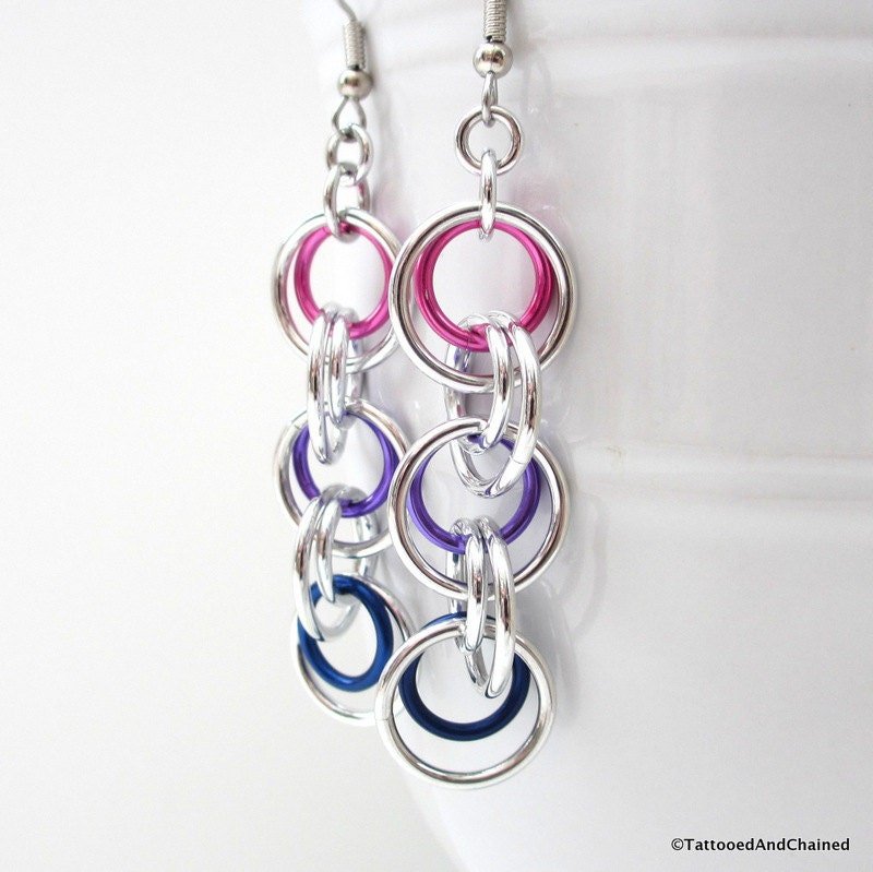 Bisexual pride jewelry, long chainmaille earrings, pink purple blue