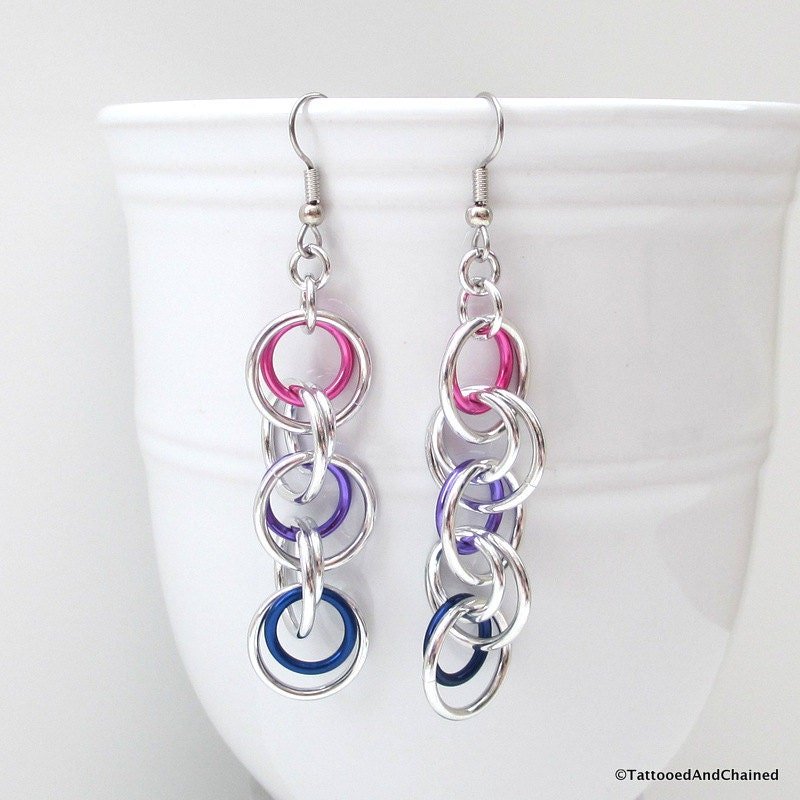 Bisexual pride jewelry, long chainmaille earrings, pink purple blue