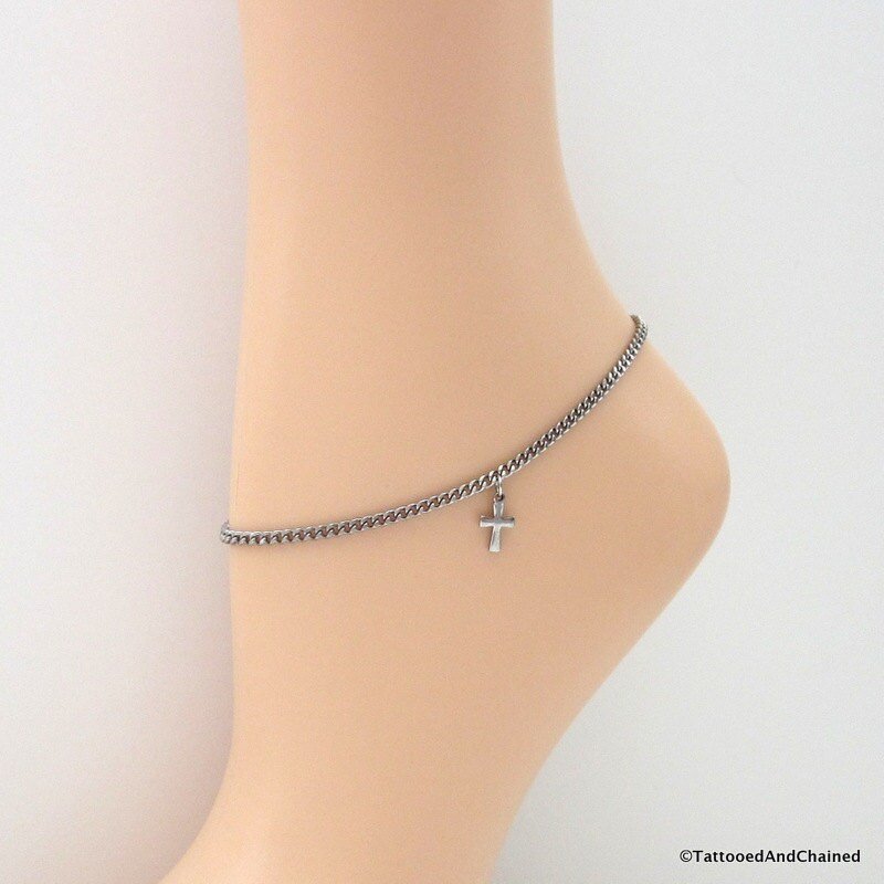 Cross anklet, stainless steel 3mm curb chain anklet