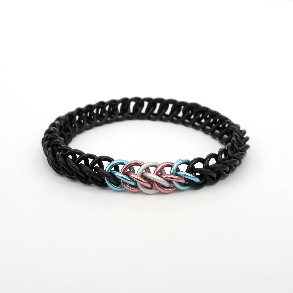 Transgender pride flag bracelet, stretchy chainmail half Persian 3 in 1 weave, subtle and discreet LGBTQIA jewelry