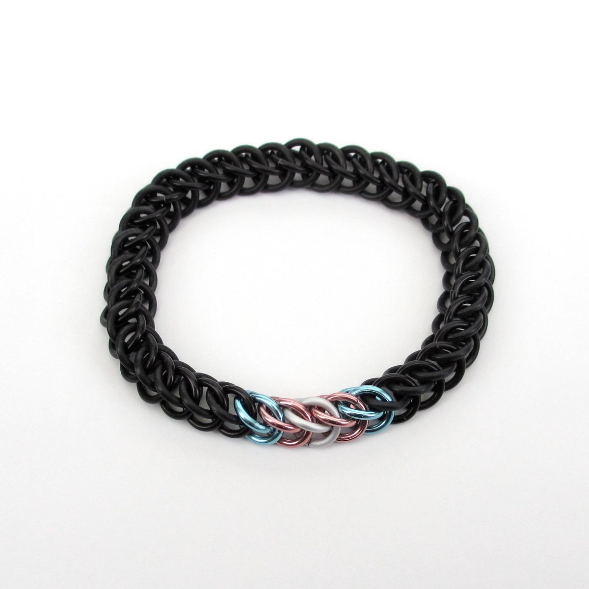 Transgender pride flag bracelet, stretchy chainmail half Persian 3 in 1 weave, subtle and discreet LGBTQIA jewelry