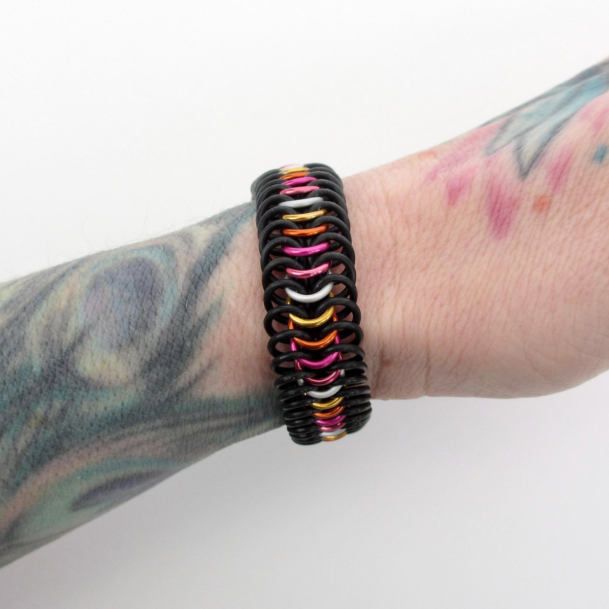 Lesbian pride stretch bracelet, 5 stripe sunset flag, chainmail Euro 6 in 1 weave LGBTQ jewelry