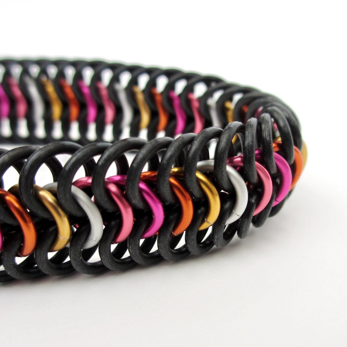 Lesbian pride stretch bracelet, 5 stripe sunset flag, chainmail Euro 6 in 1 weave LGBTQ jewelry