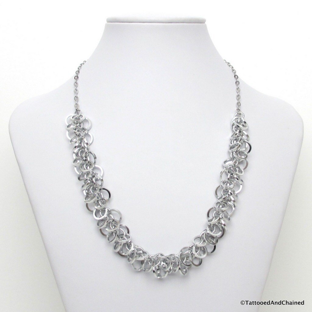 Silver chainmail necklace, square wire shaggy loops weave, women's jewelry