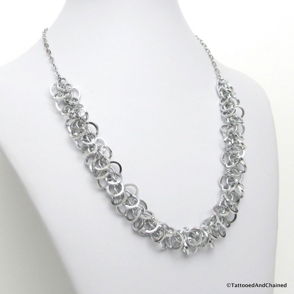 Silver chainmail necklace, square wire shaggy loops weave, women's jewelry