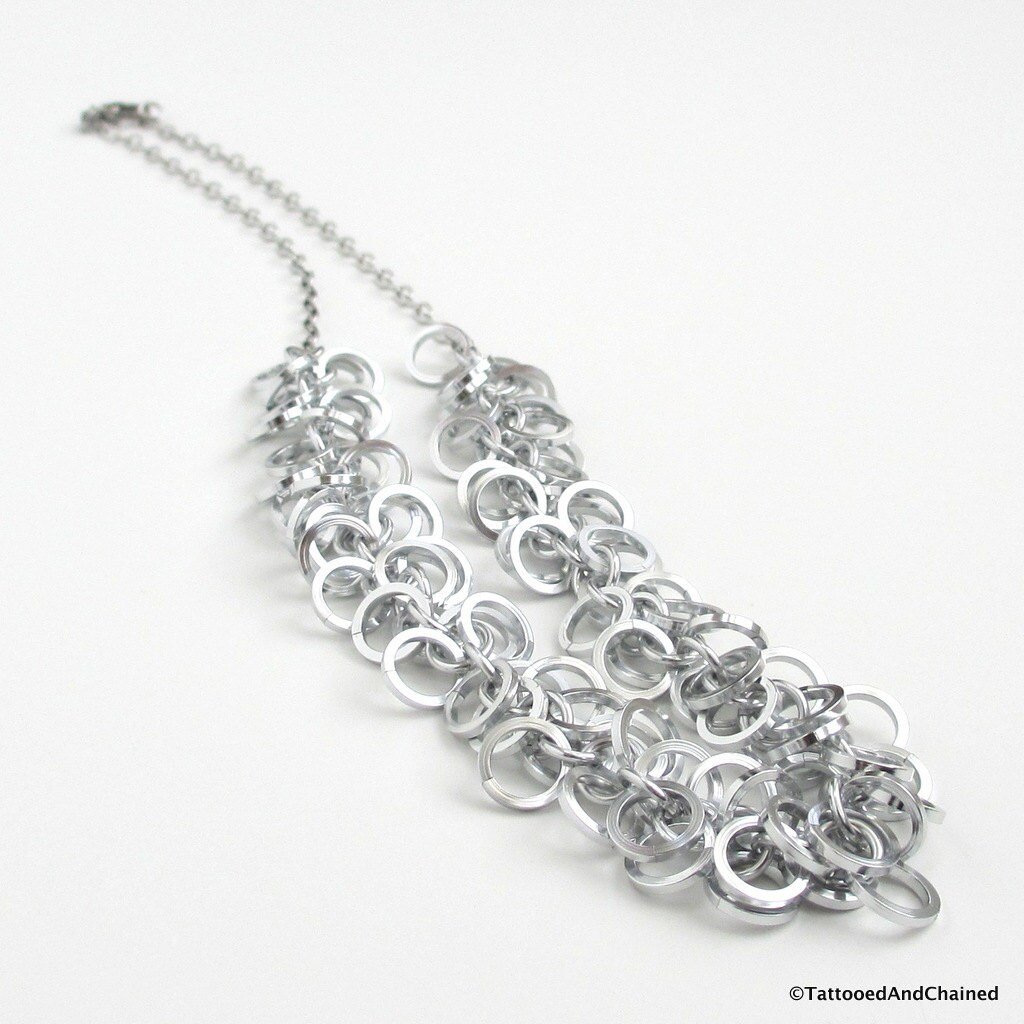 Silver chainmail necklace, square wire shaggy loops weave, women's jewelry