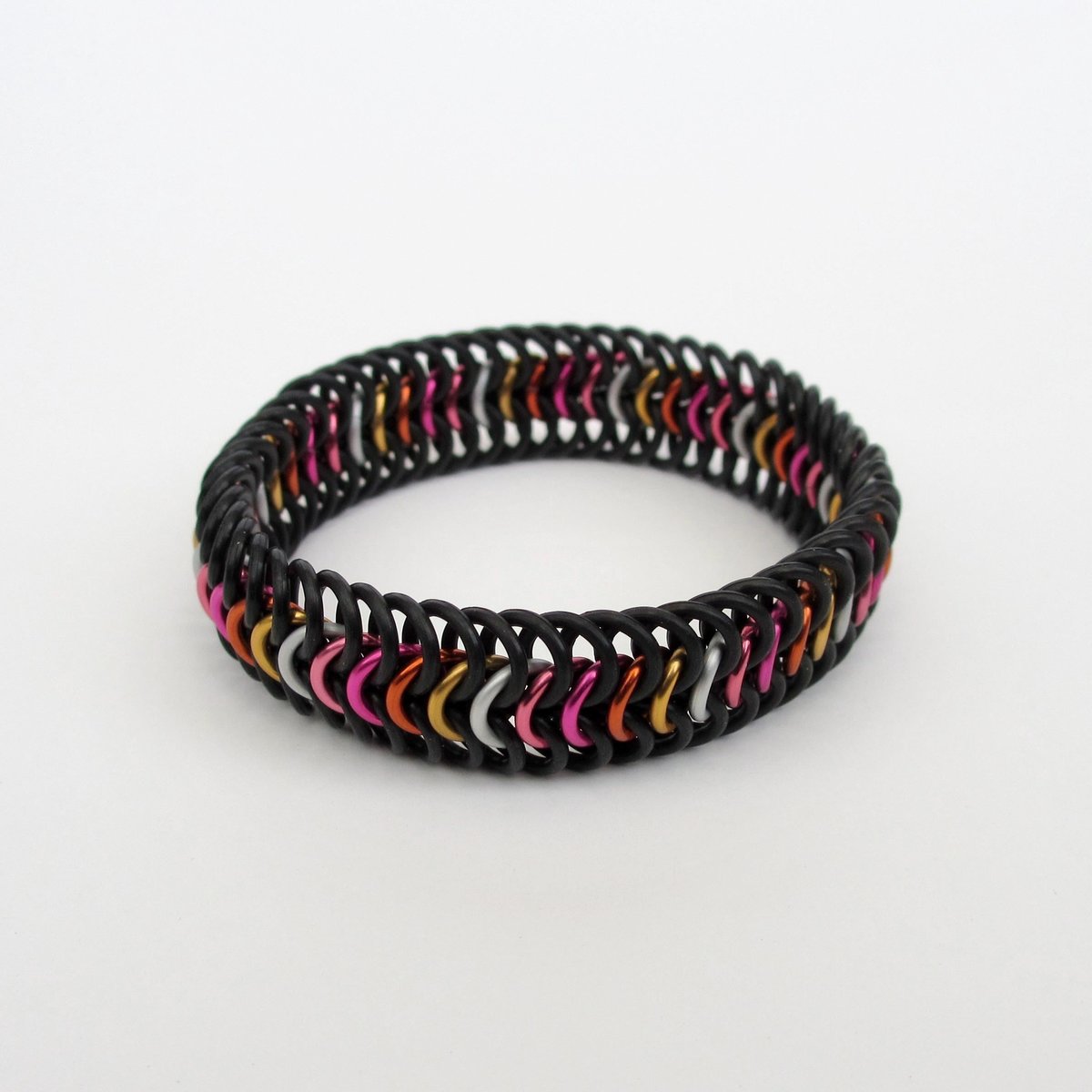 Lesbian pride stretch bracelet, 5 stripe sunset flag, chainmail Euro 6 in 1 weave LGBTQ jewelry