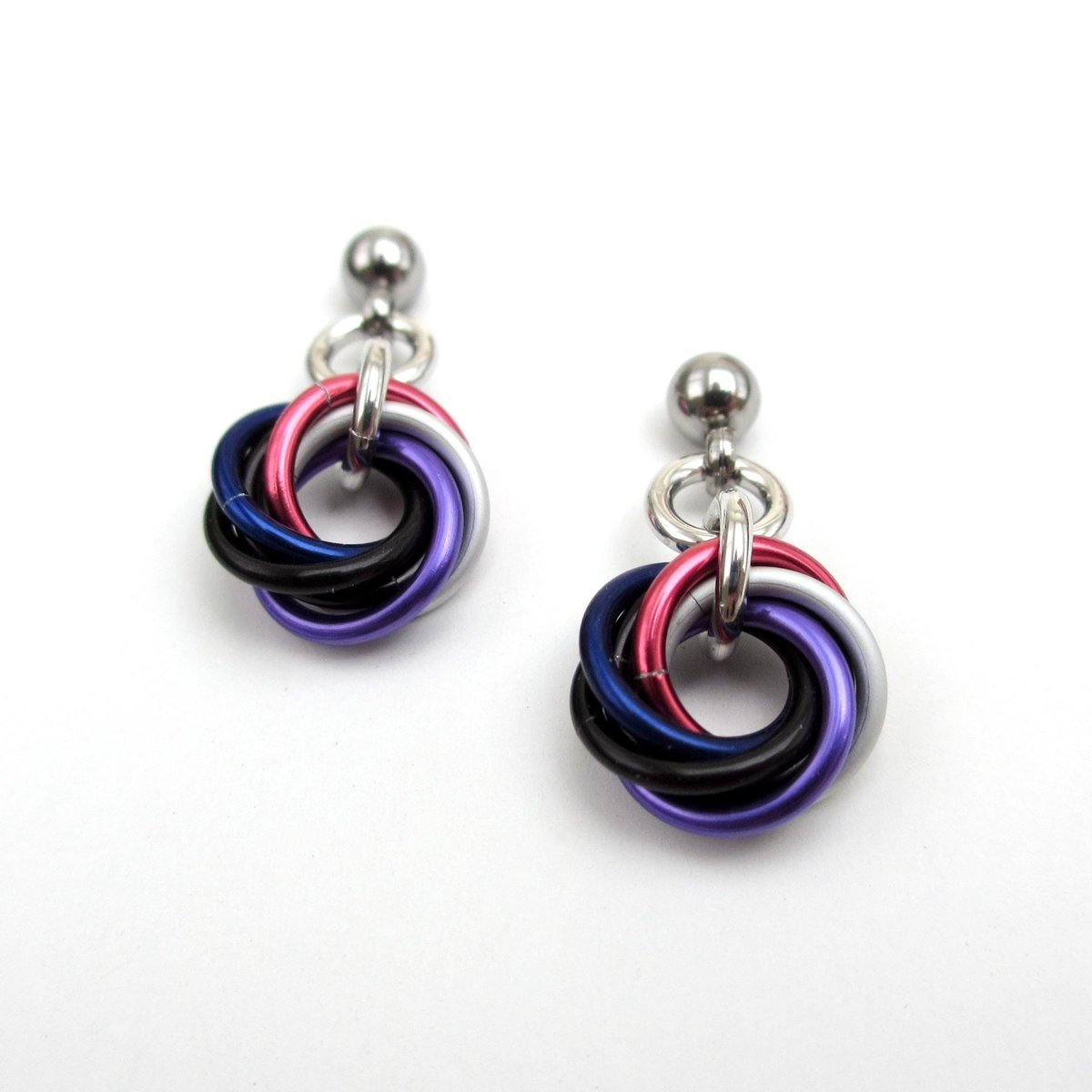 Tiny genderfluid pride earrings, handmade chainmail love knot LGBTQ+ jewelry, stainless steel studs