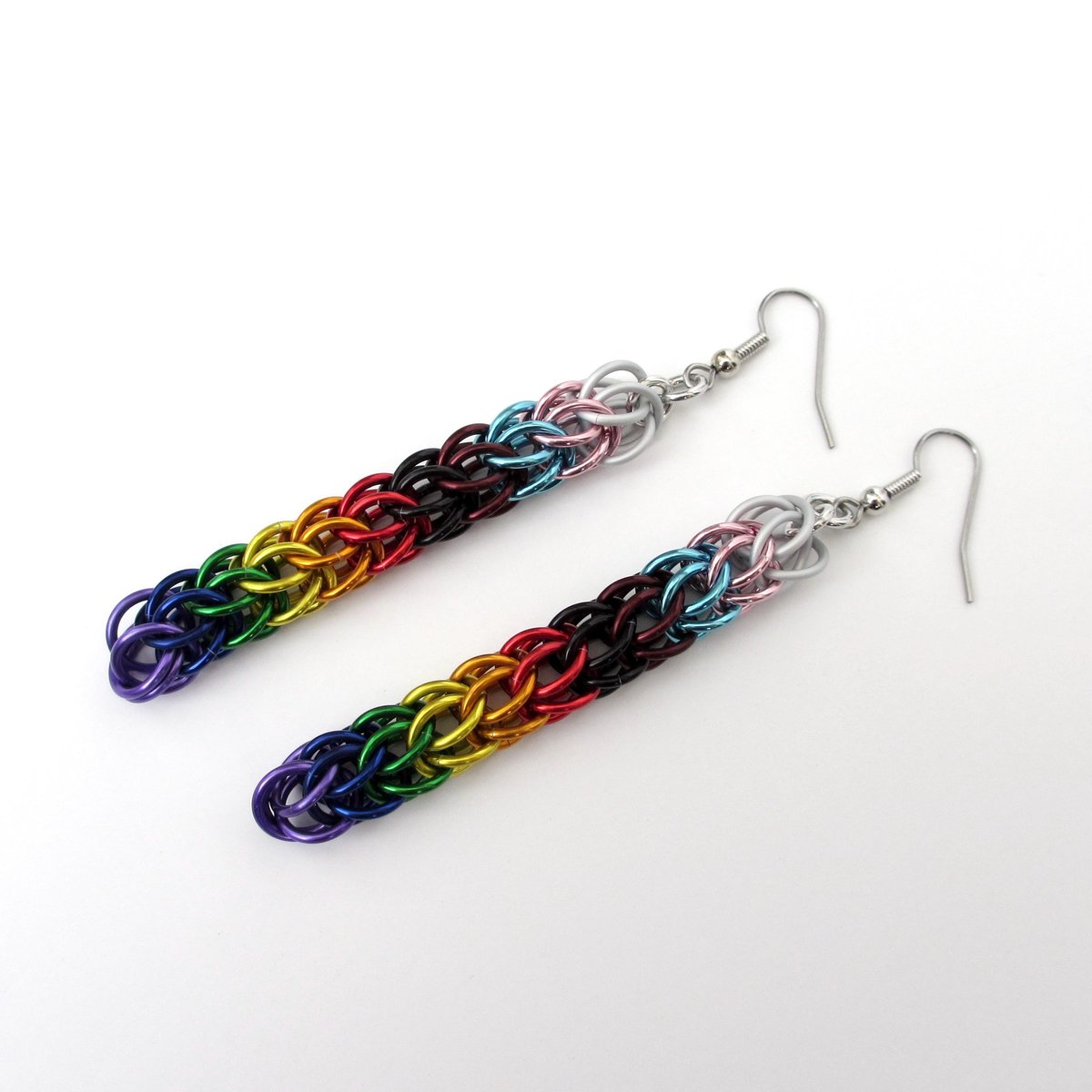 Handmade progress pride flag earrings, LGBTQ+ chainmail full Persian weave jewelry, choose stainless steel hooks or lever backs