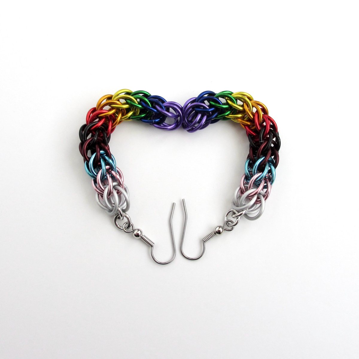 Handmade progress pride flag earrings, LGBTQ+ chainmail full Persian weave jewelry, choose stainless steel hooks or lever backs