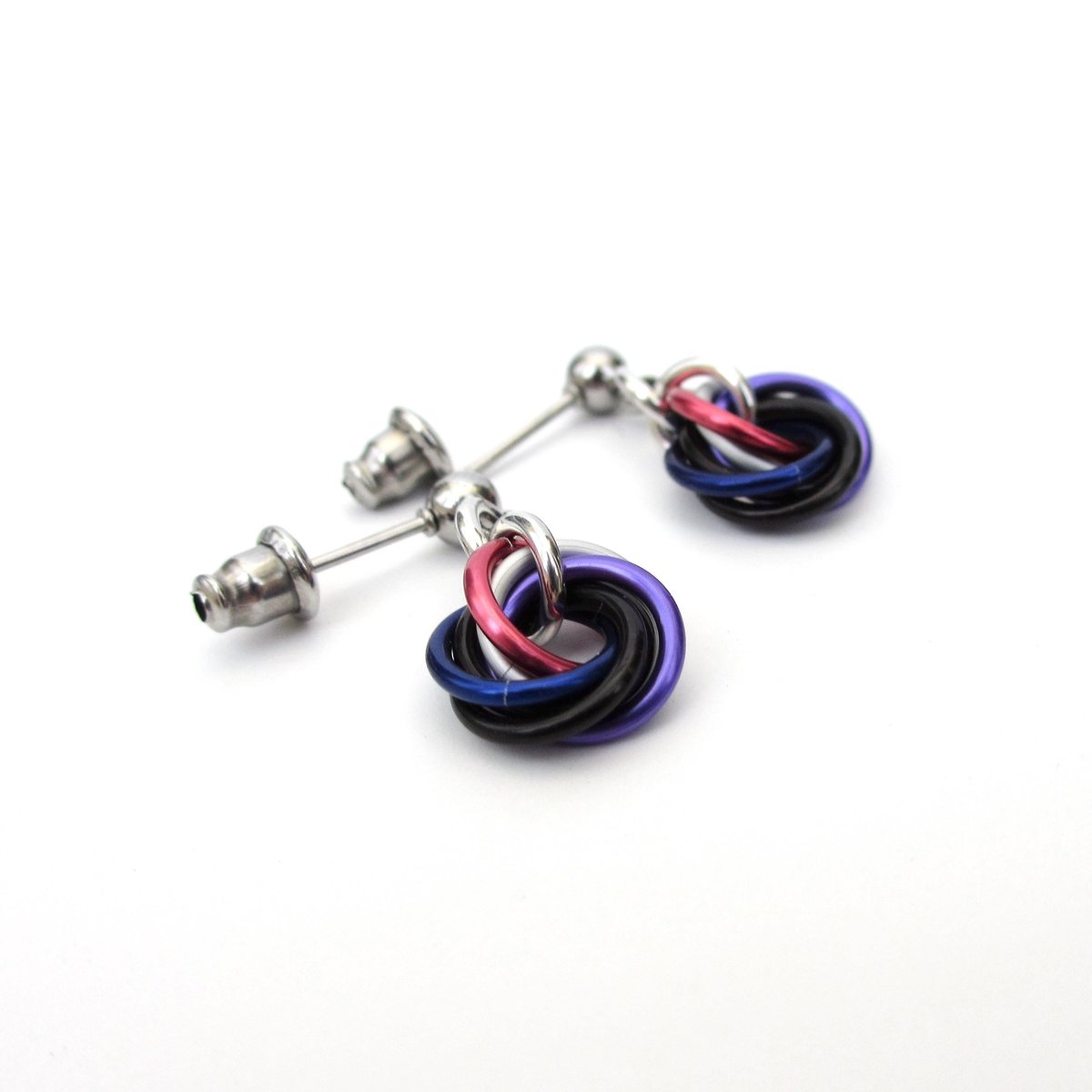 Tiny genderfluid pride earrings, handmade chainmail love knot LGBTQ+ jewelry, stainless steel studs