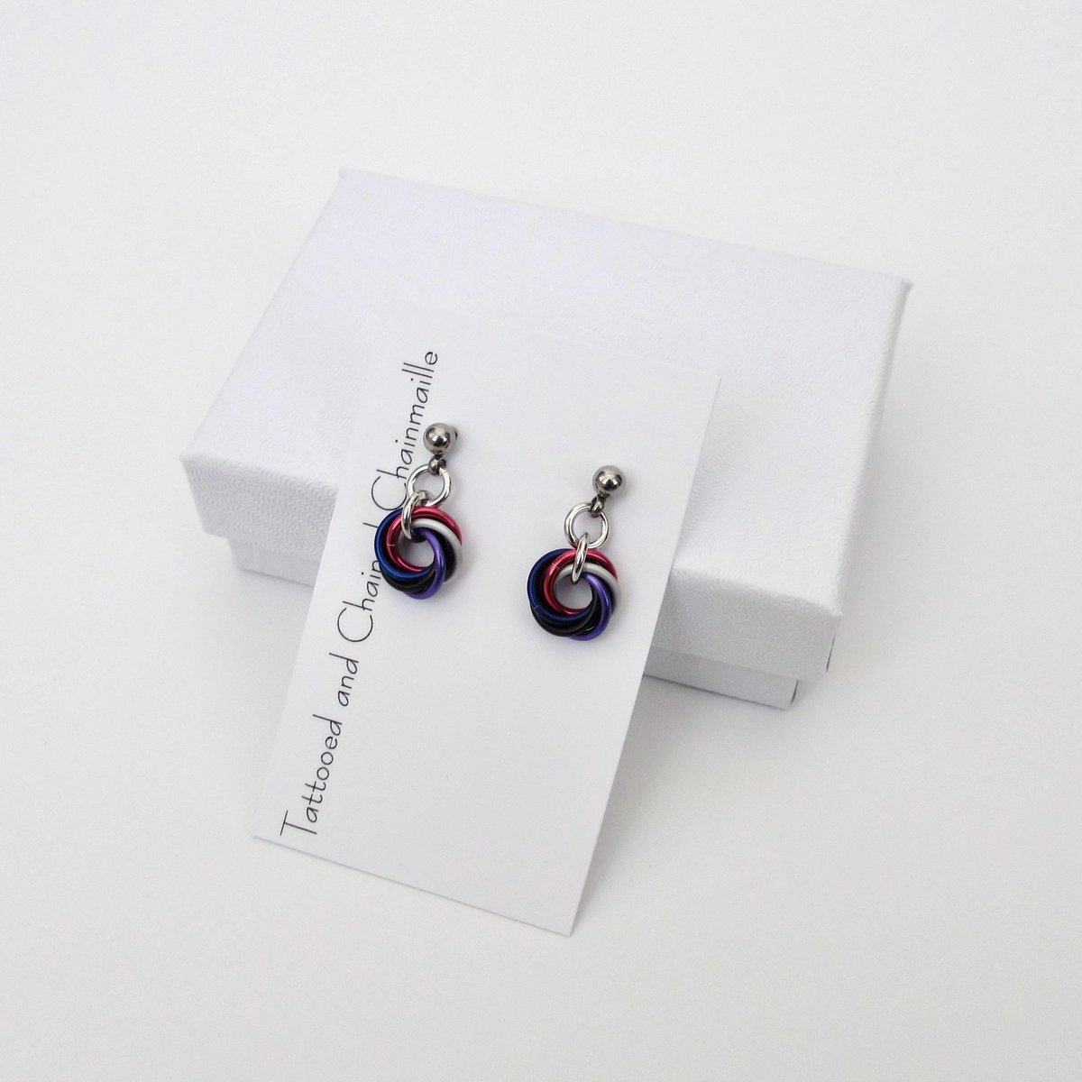 Tiny genderfluid pride earrings, handmade chainmail love knot LGBTQ+ jewelry, stainless steel studs