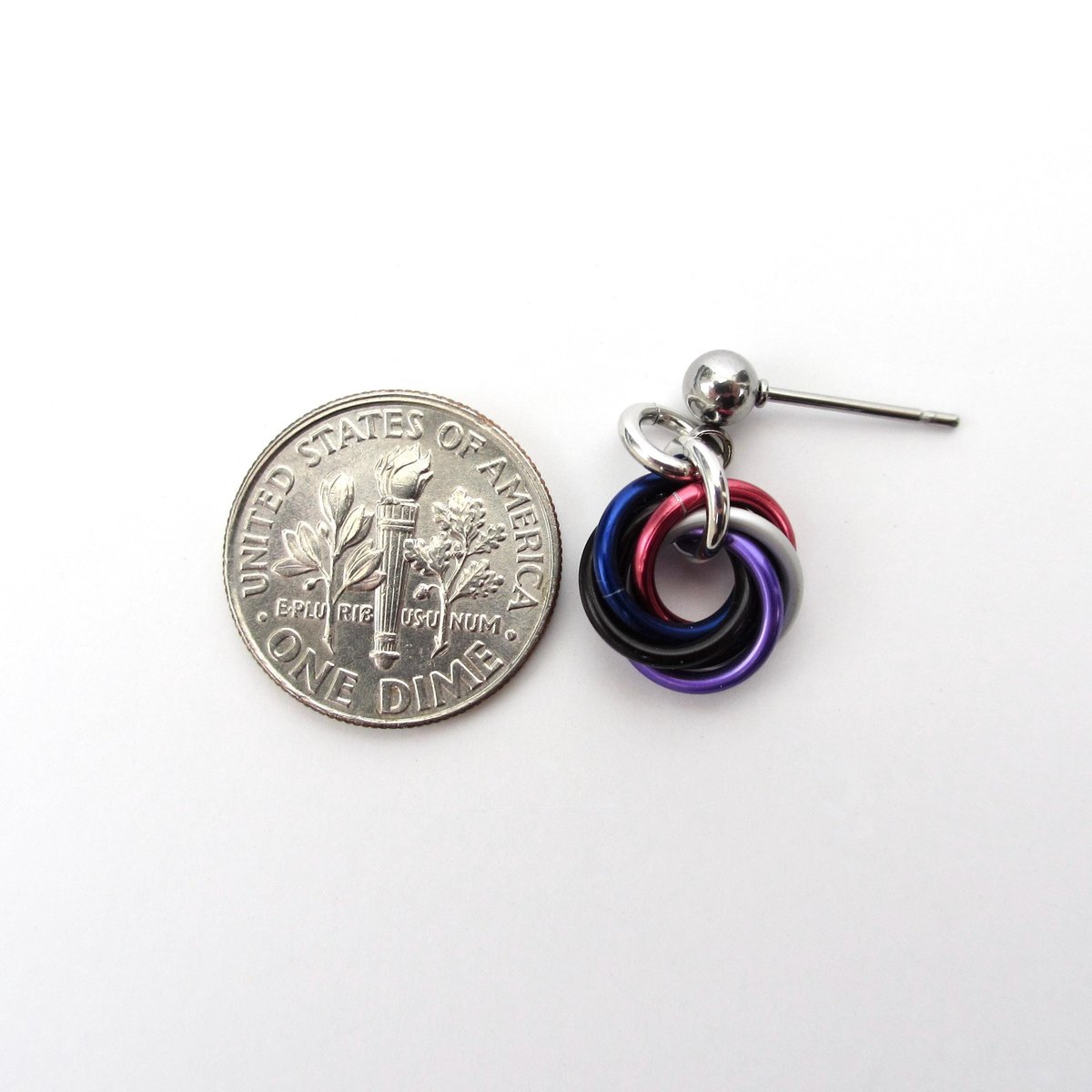 Tiny genderfluid pride earrings, handmade chainmail love knot LGBTQ+ jewelry, stainless steel studs