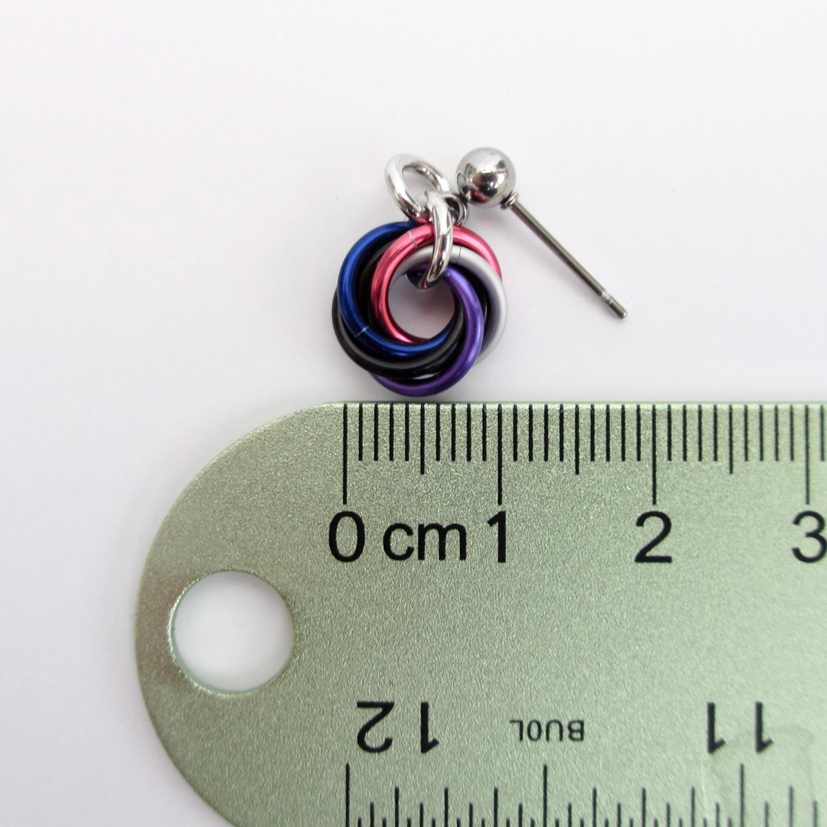 Tiny genderfluid pride earrings, handmade chainmail love knot LGBTQ+ jewelry, stainless steel studs