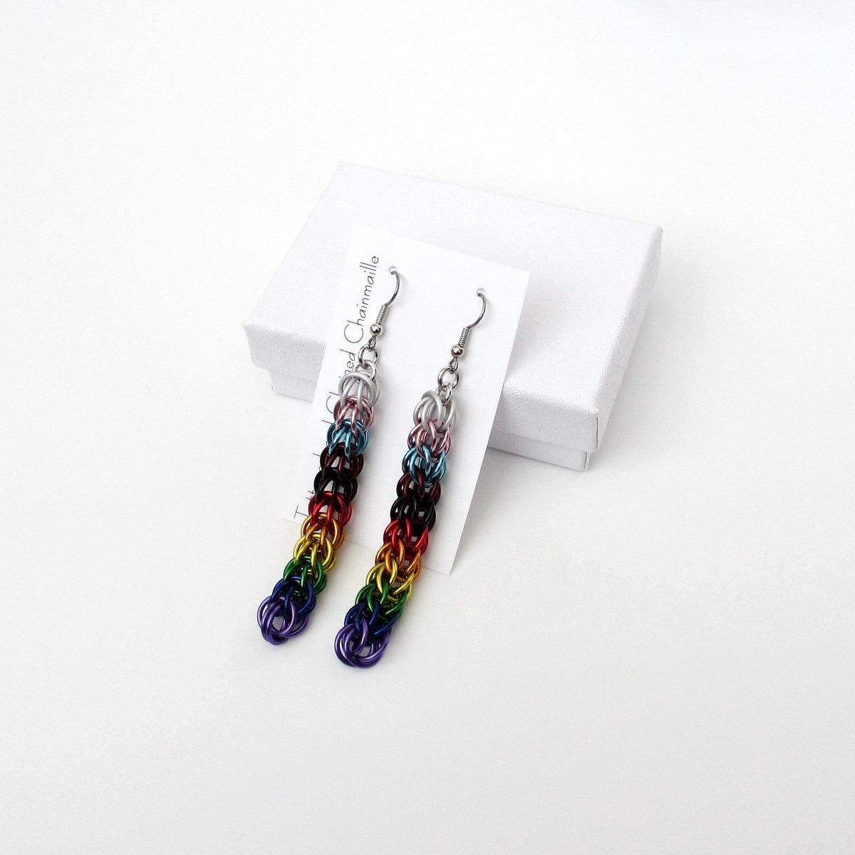 Handmade progress pride flag earrings, LGBTQ+ chainmail full Persian weave jewelry, choose stainless steel hooks or lever backs