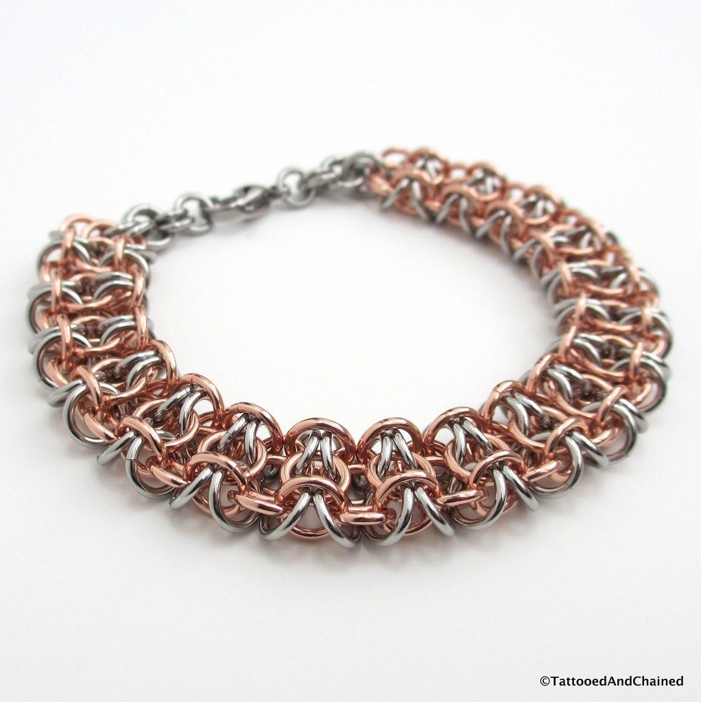 Men's chainmaille bracelet, stainless steel and copper, gridlock Byzantine weave