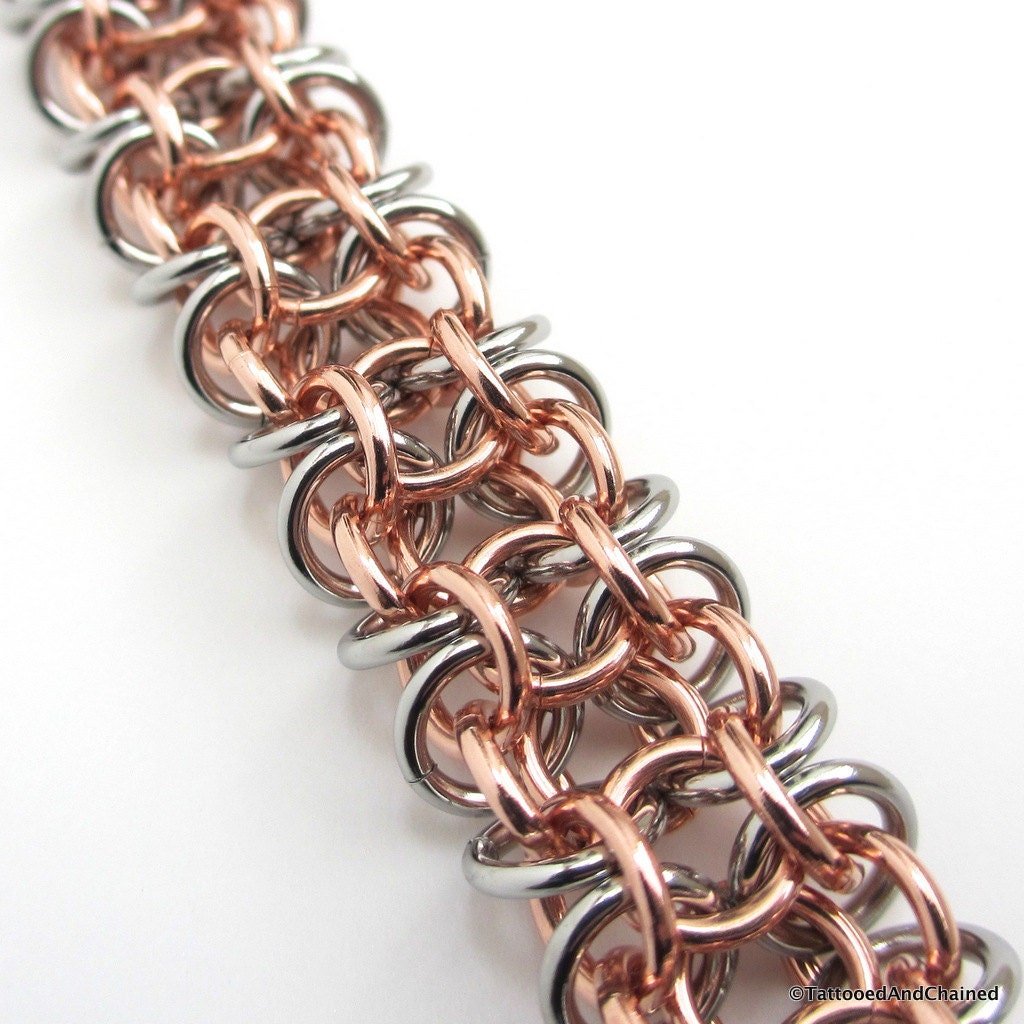 Men's chainmaille bracelet, stainless steel and copper, gridlock Byzantine weave