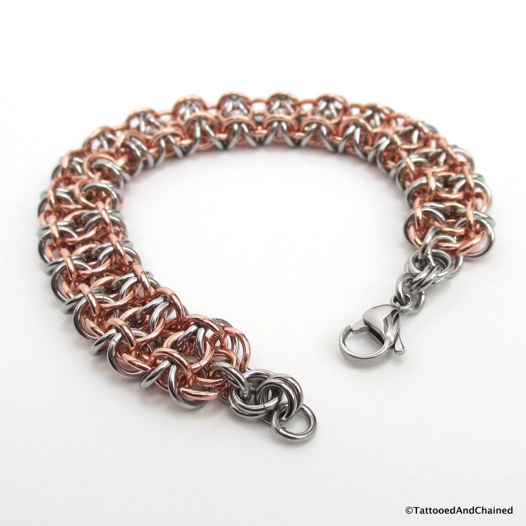 Men's chainmaille bracelet, stainless steel and copper, gridlock Byzantine weave