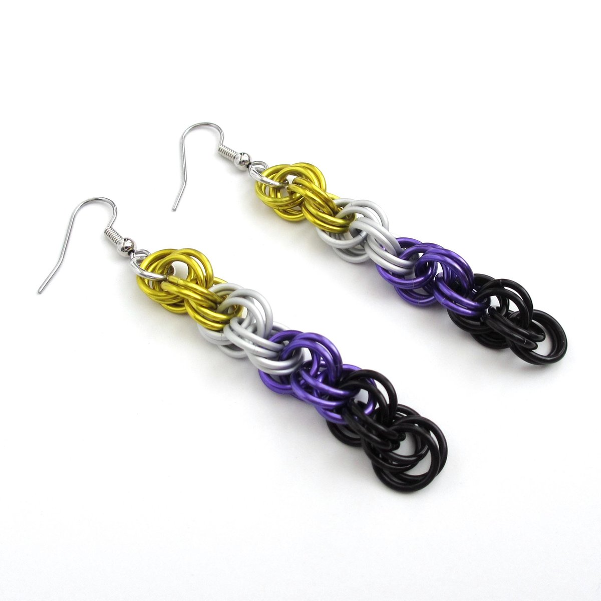Handmade Nonbinary pride chainmail earrings, double spiral weave LGBTQ+ jewelry, choice of ear wire styles