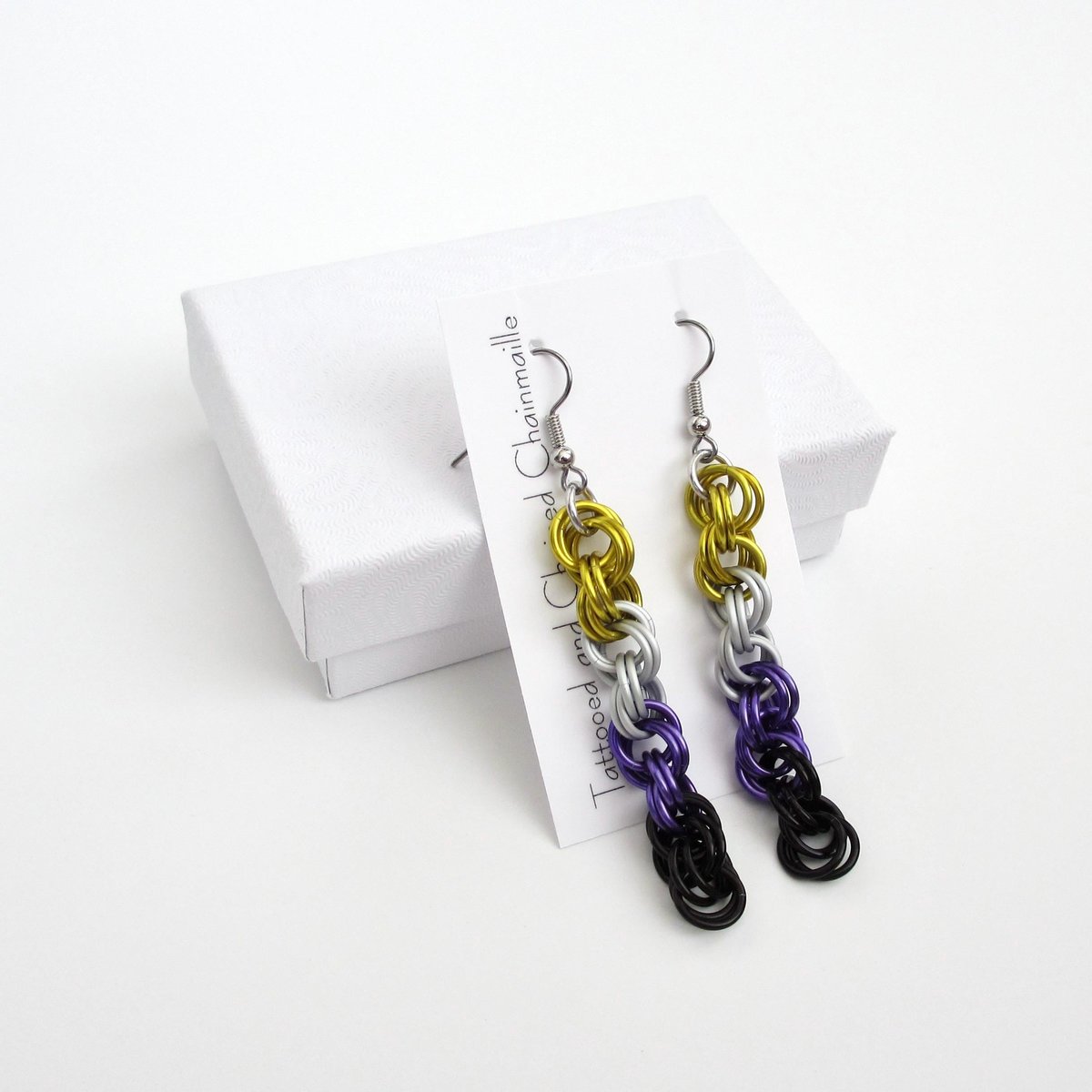 Handmade Nonbinary pride chainmail earrings, double spiral weave LGBTQ+ jewelry, choice of ear wire styles