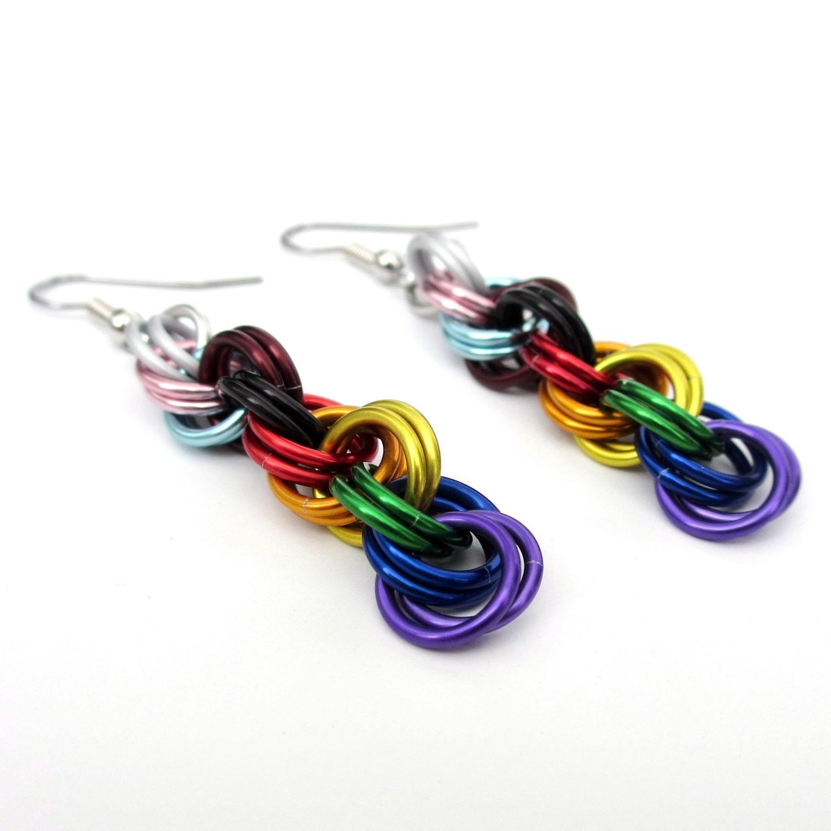 Progress pride flag earrings, handmade chainmail double spiral weave LGBTQ+ jewelry, rainbow, trans and BIPOC colors