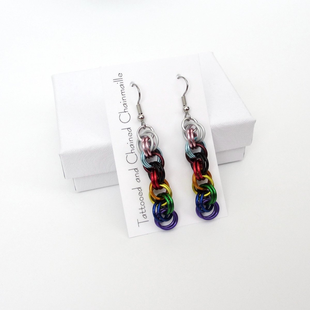 Progress pride flag earrings, handmade chainmail double spiral weave LGBTQ+ jewelry, rainbow, trans and BIPOC colors