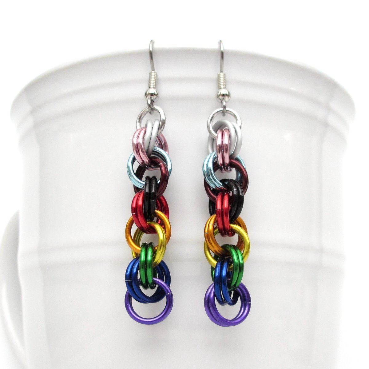 Progress pride flag earrings, handmade chainmail double spiral weave LGBTQ+ jewelry, rainbow, trans and BIPOC colors