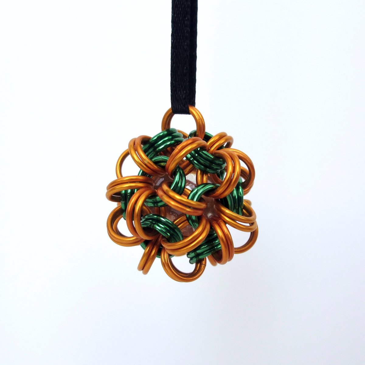 Halloween mini ornament or bag charm, chainmail dodecahedron ball, pumpkin orange and green seasonal decoration