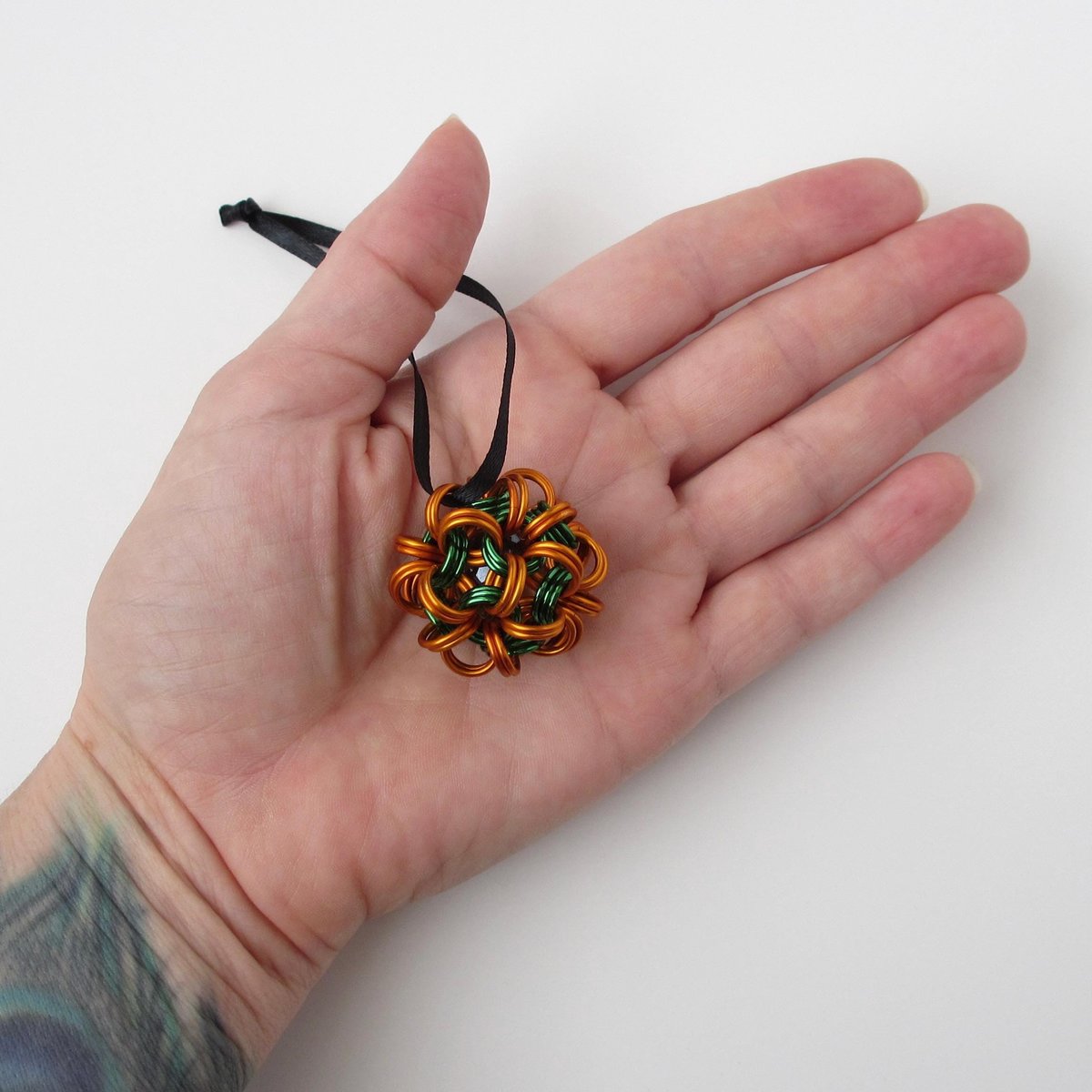 Halloween mini ornament or bag charm, chainmail dodecahedron ball, pumpkin orange and green seasonal decoration
