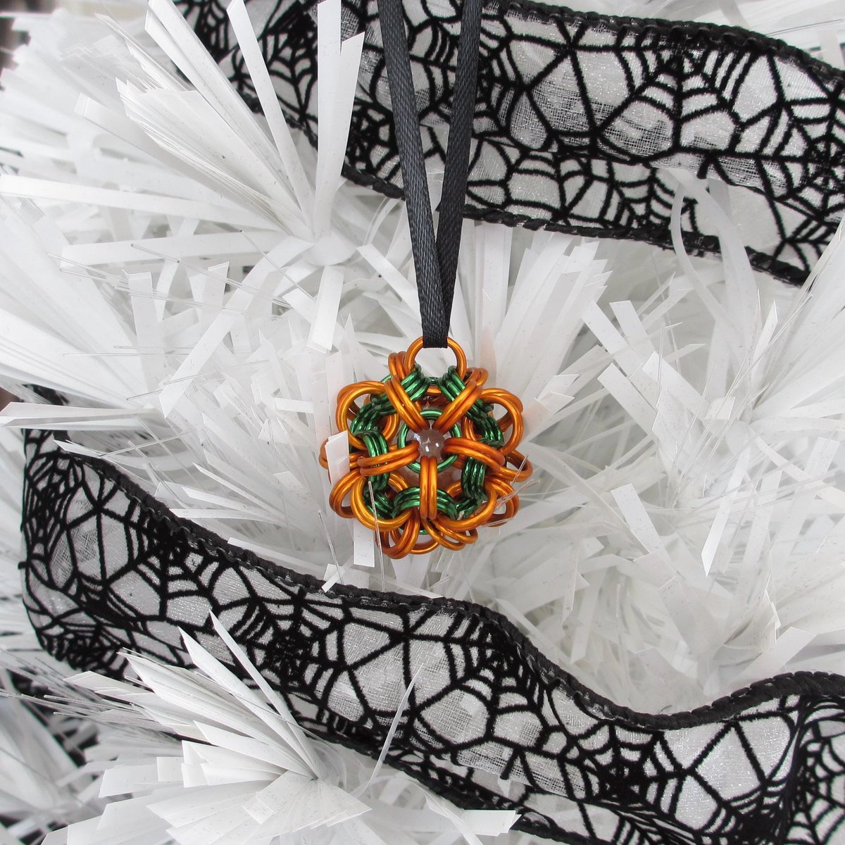 Halloween mini ornament or bag charm, chainmail dodecahedron ball, pumpkin orange and green seasonal decoration
