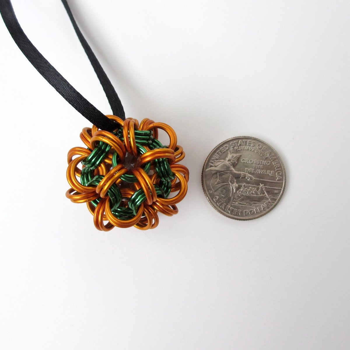 Halloween mini ornament or bag charm, chainmail dodecahedron ball, pumpkin orange and green seasonal decoration