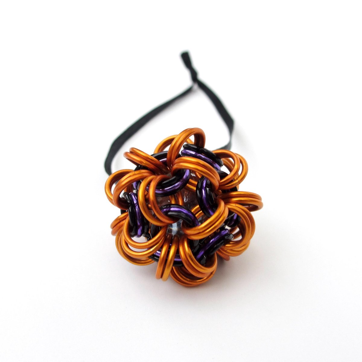 Handmade chainmail mini Halloween ornament, pumpkin orange, black, and purple seasonal dodecahedron decoration