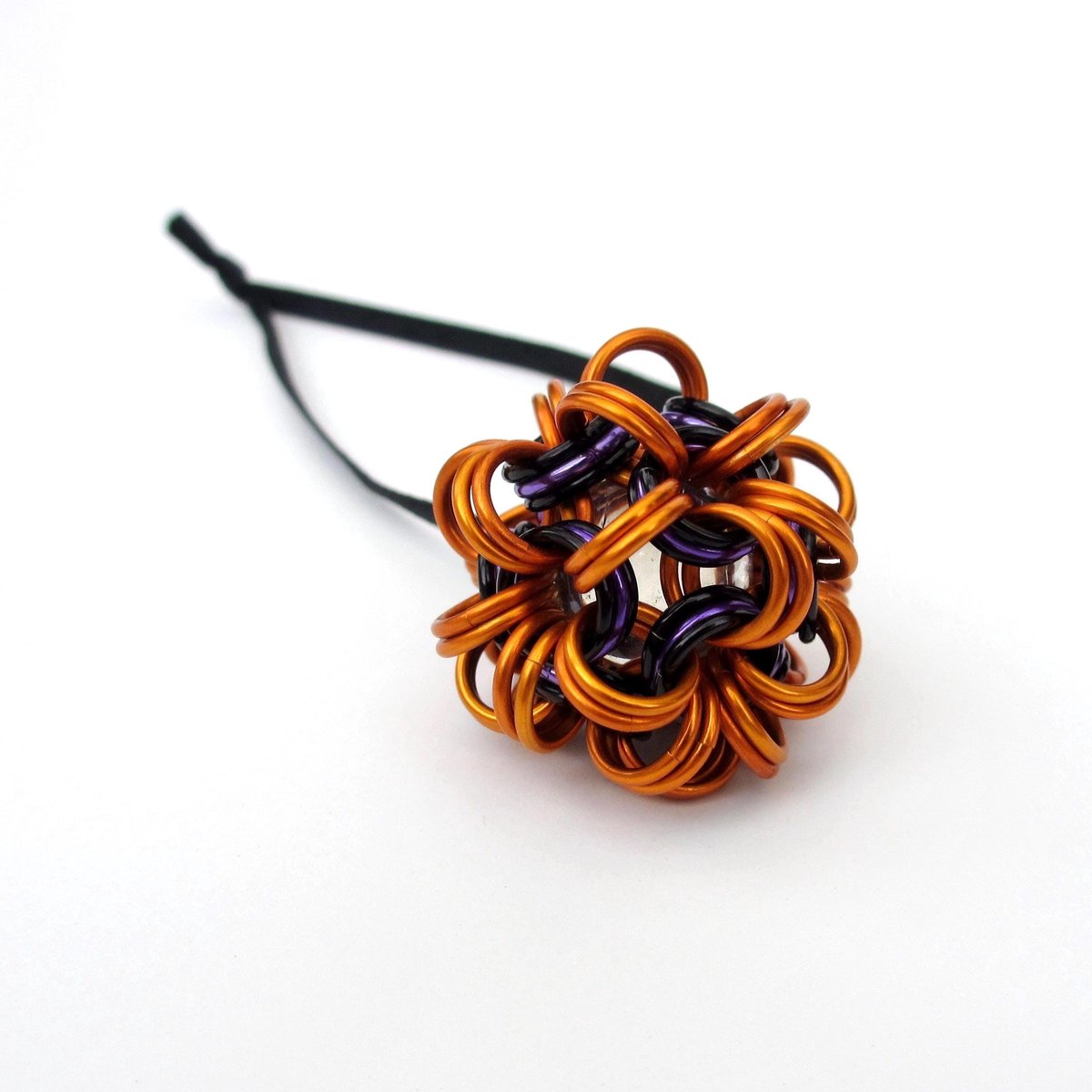 Handmade chainmail mini Halloween ornament, pumpkin orange, black, and purple seasonal dodecahedron decoration