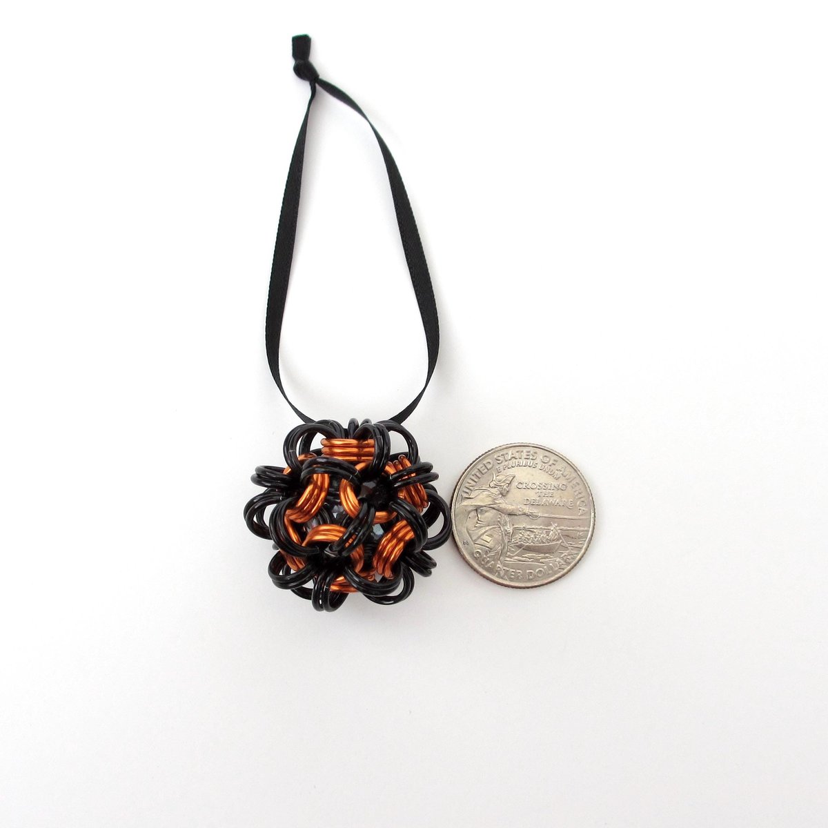 Halloween ornament, handmade chainmail dodecahedron ball, black and orange fall seasonal decoration
