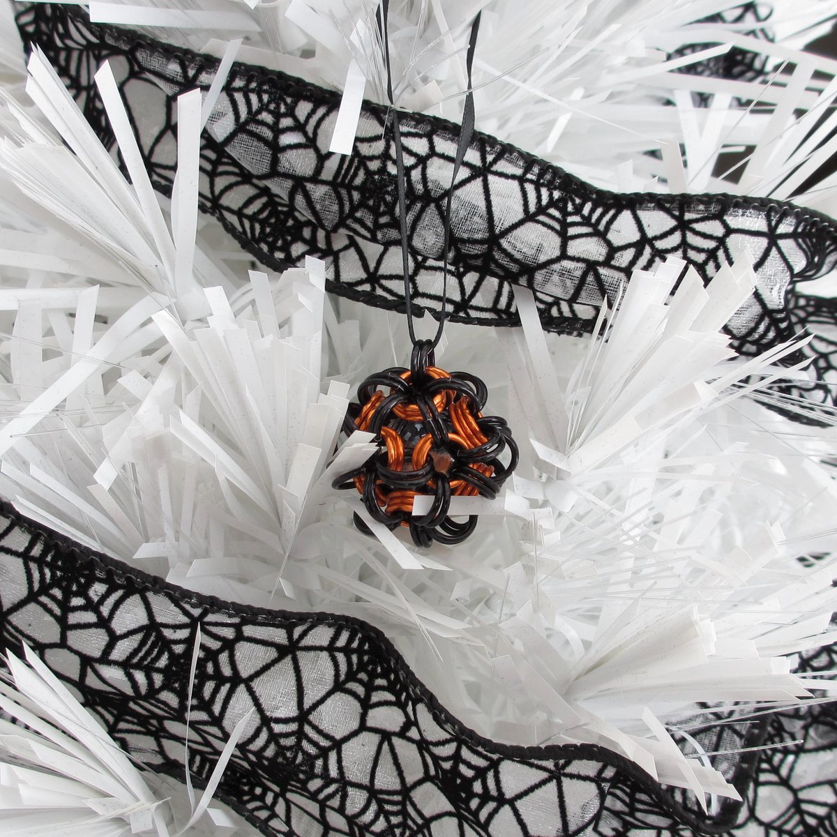 Halloween ornament, handmade chainmail dodecahedron ball, black and orange fall seasonal decoration