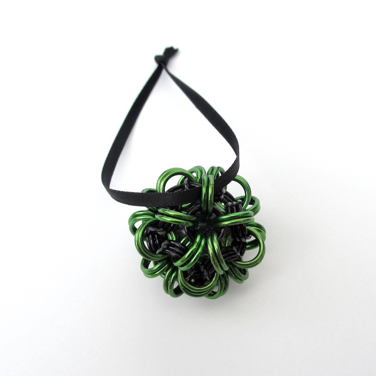 Halloween ornament in gothic green and black, handmade chainmail dodecahedron ball, unique bag charm