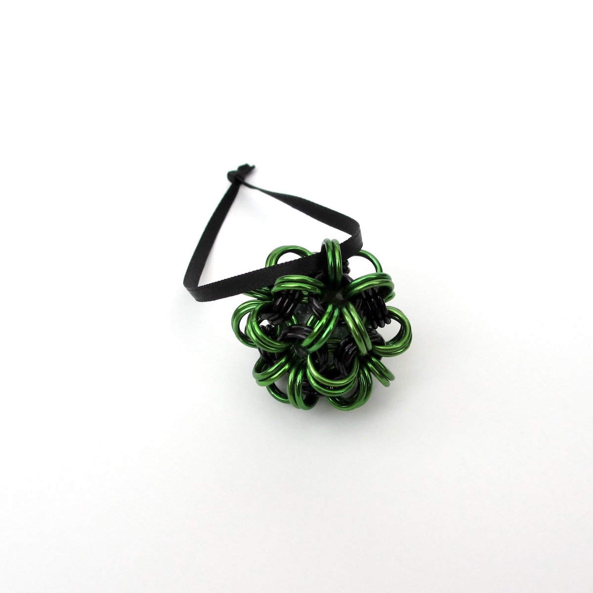 Halloween ornament in gothic green and black, handmade chainmail dodecahedron ball, unique bag charm