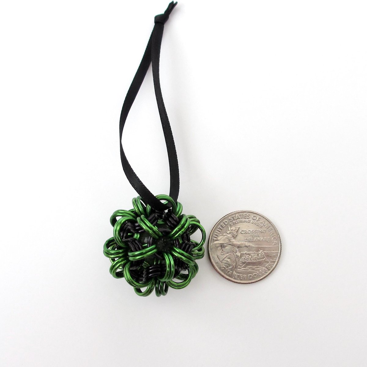 Halloween ornament in gothic green and black, handmade chainmail dodecahedron ball, unique bag charm