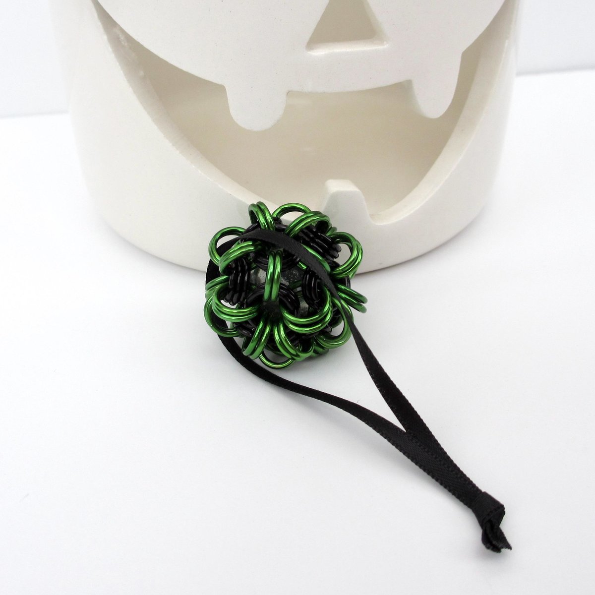 Halloween ornament in gothic green and black, handmade chainmail dodecahedron ball, unique bag charm