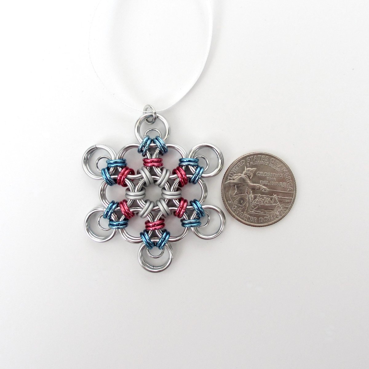 Transgender pride snowflake ornament, handmade chainmail holiday decoration in blue, pink and white