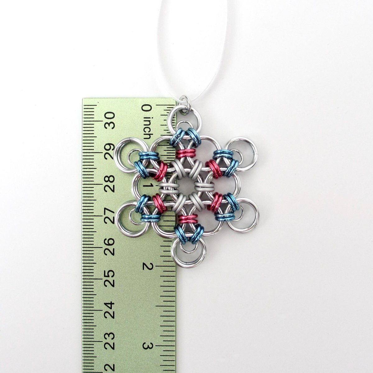 Transgender pride snowflake ornament, handmade chainmail holiday decoration in blue, pink and white