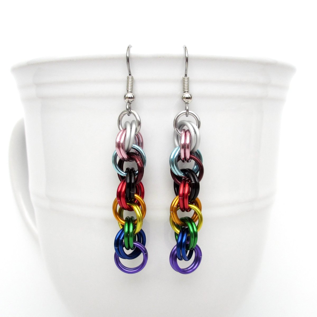 Progress pride flag earrings, handmade chainmail double spiral weave LGBTQ+ jewelry, rainbow, trans and BIPOC colors