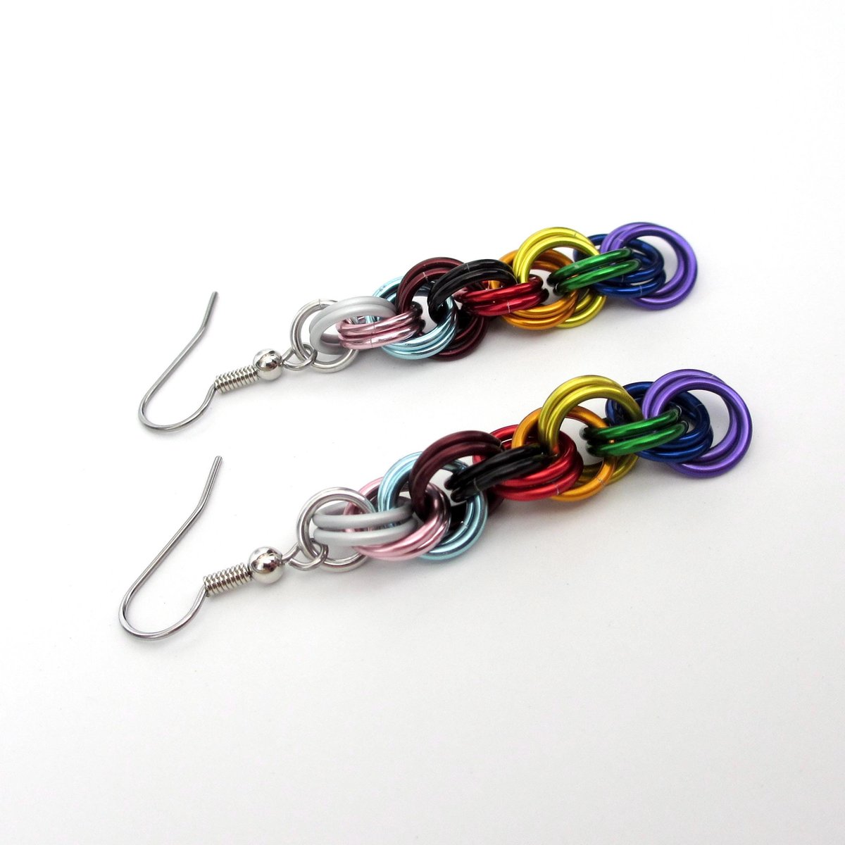 Progress pride flag earrings, handmade chainmail double spiral weave LGBTQ+ jewelry, rainbow, trans and BIPOC colors